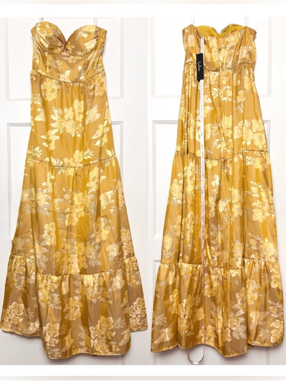 NWT LULUS Floral Jacquard Strapless Sweetheart Bustier Tier Ruffle Princess Gown - Picture 5 of 6